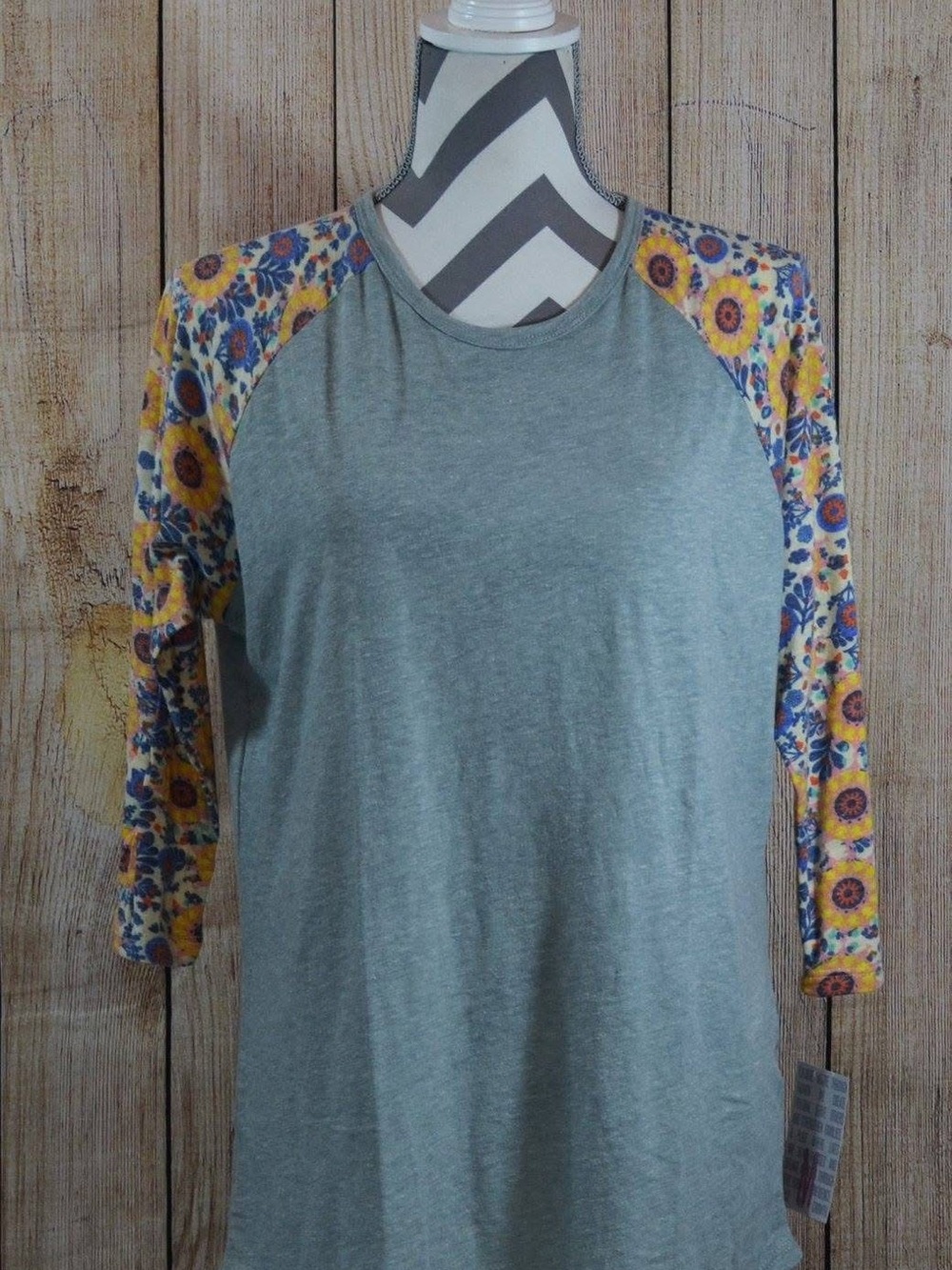 LuLaRoe Randy Grey Raglan Tee with Yellow Floral Sleeves